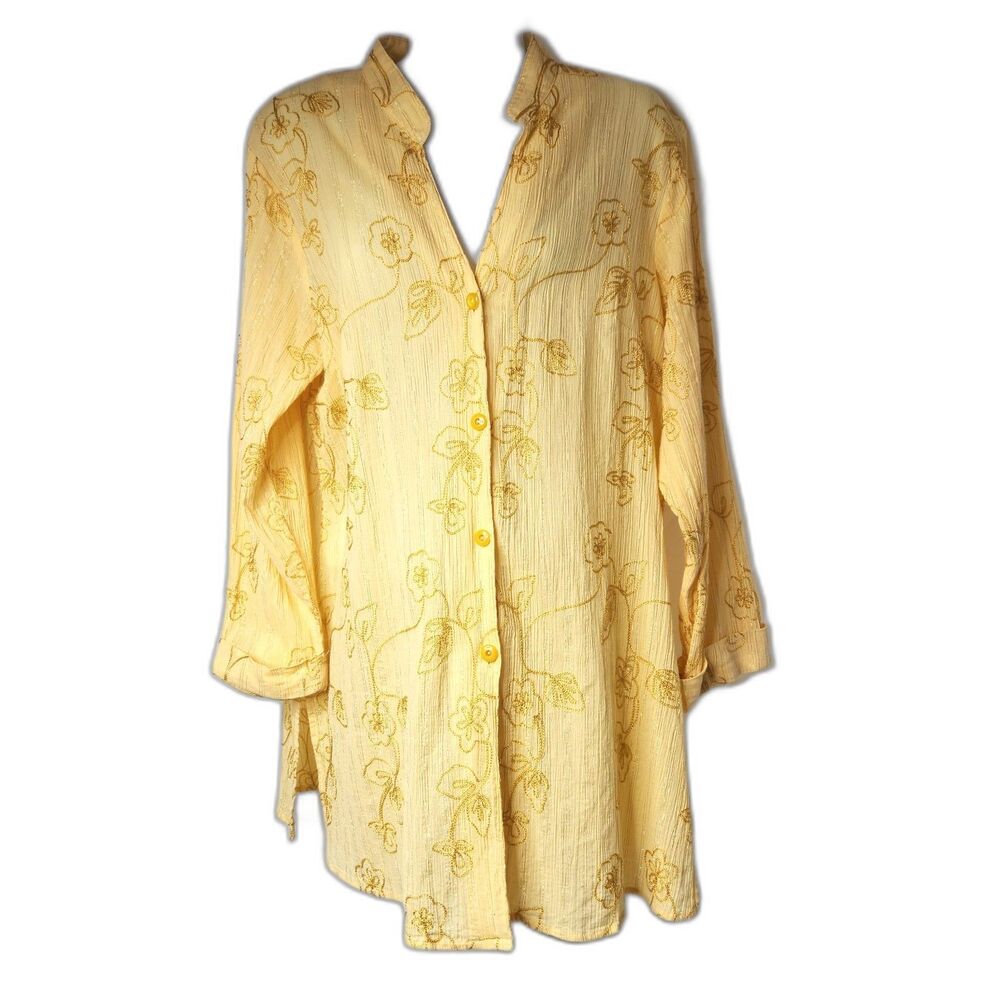 Susan Graver Long Tunic Top Embroidery Boho Button Front Long Sleeves Sz. L